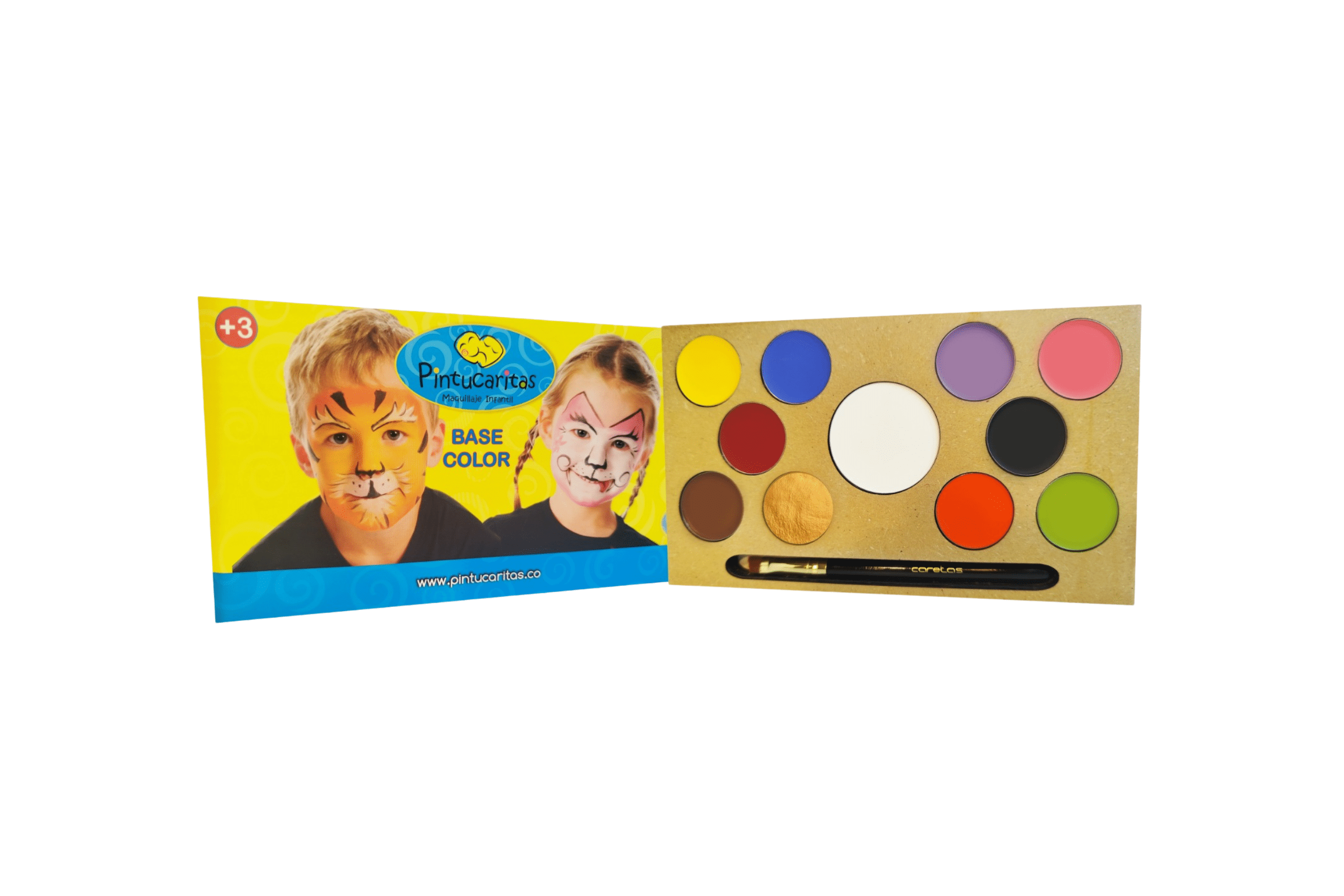 Paleta de pintucaritas Caretas x11 colores con pincel incluido, maquillaje infantil seguro y fácil de aplicar.